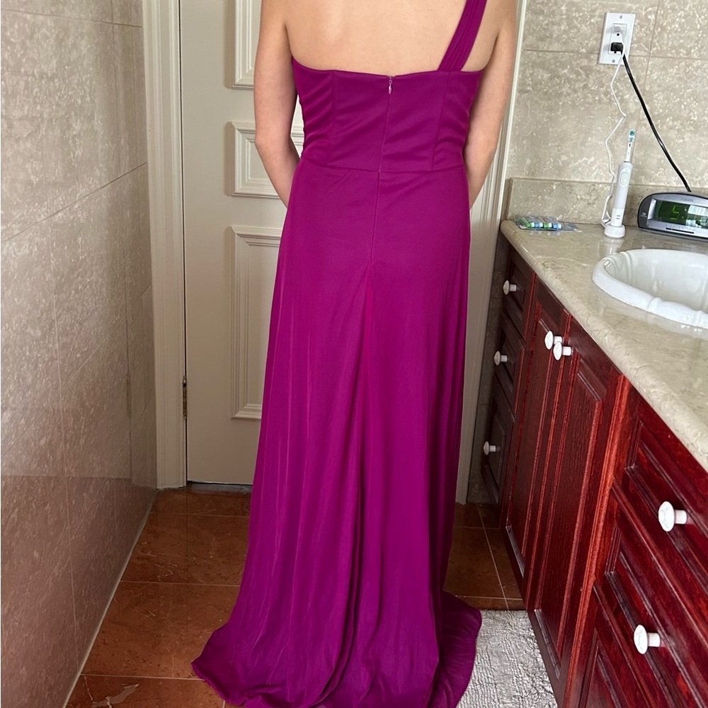 Xscape Magenta One Shoulder Ruched High-Low Dress - Picture 2 of 4